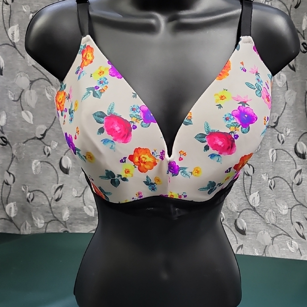 **36DDD Floral Plunge T-Shirt Bra - Cream with Multicolor Flowers 36DDD**